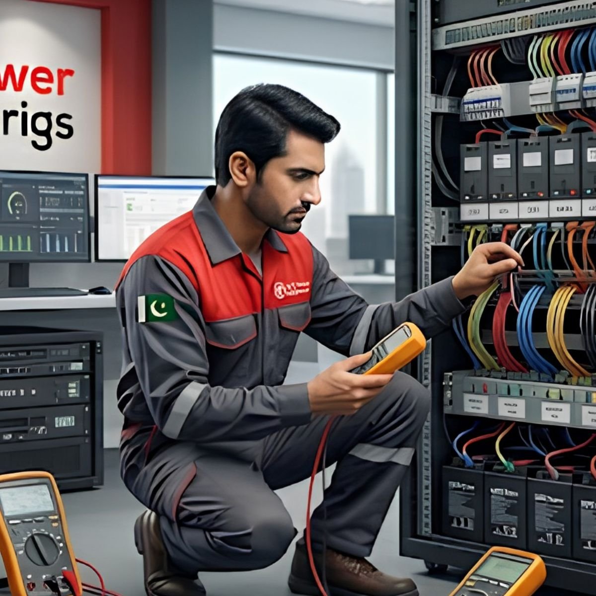 Professional UPS installation engineer performing load calculation